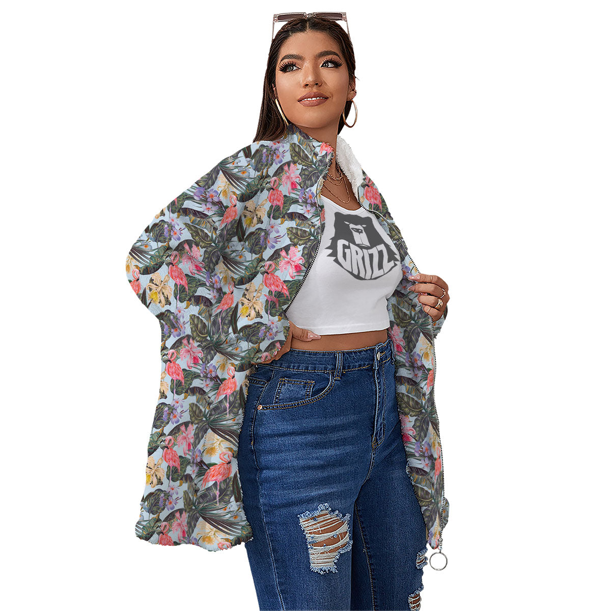 Floral Hawaiian And Flamingo Print Women's Sherpa Jacket-grizzshop