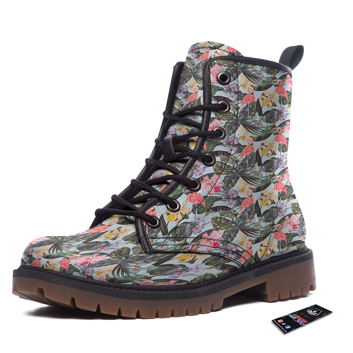 Floral Hawaiian And Flamingo Print Work Boots-grizzshop
