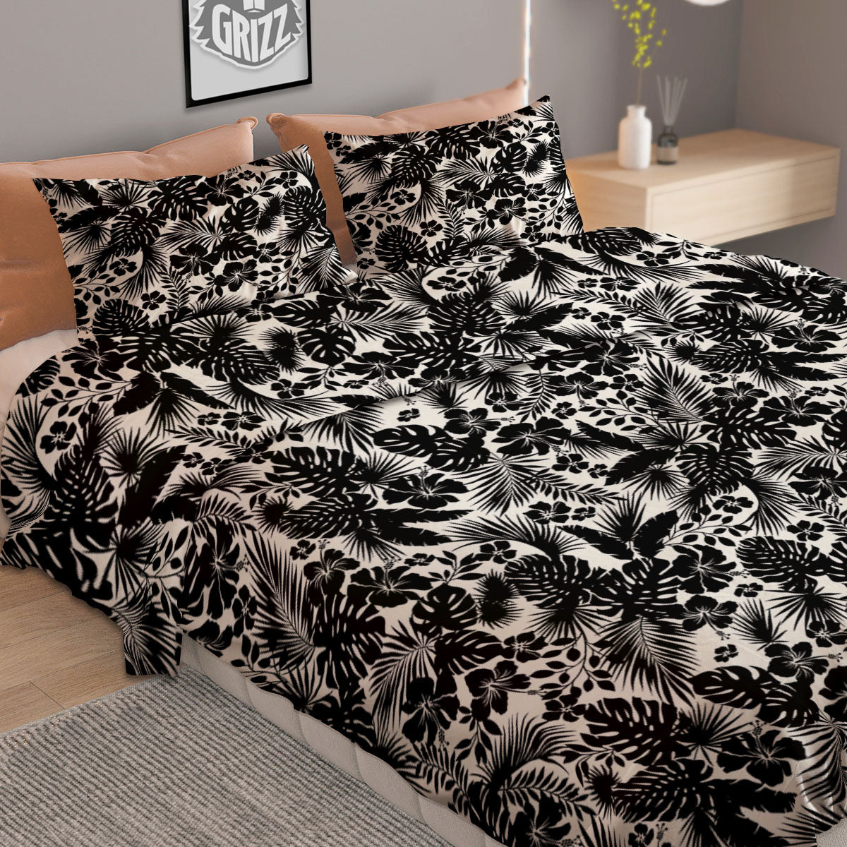Floral Hawaiian Monochrome Print Pattern Duvet Cover Bedding Set