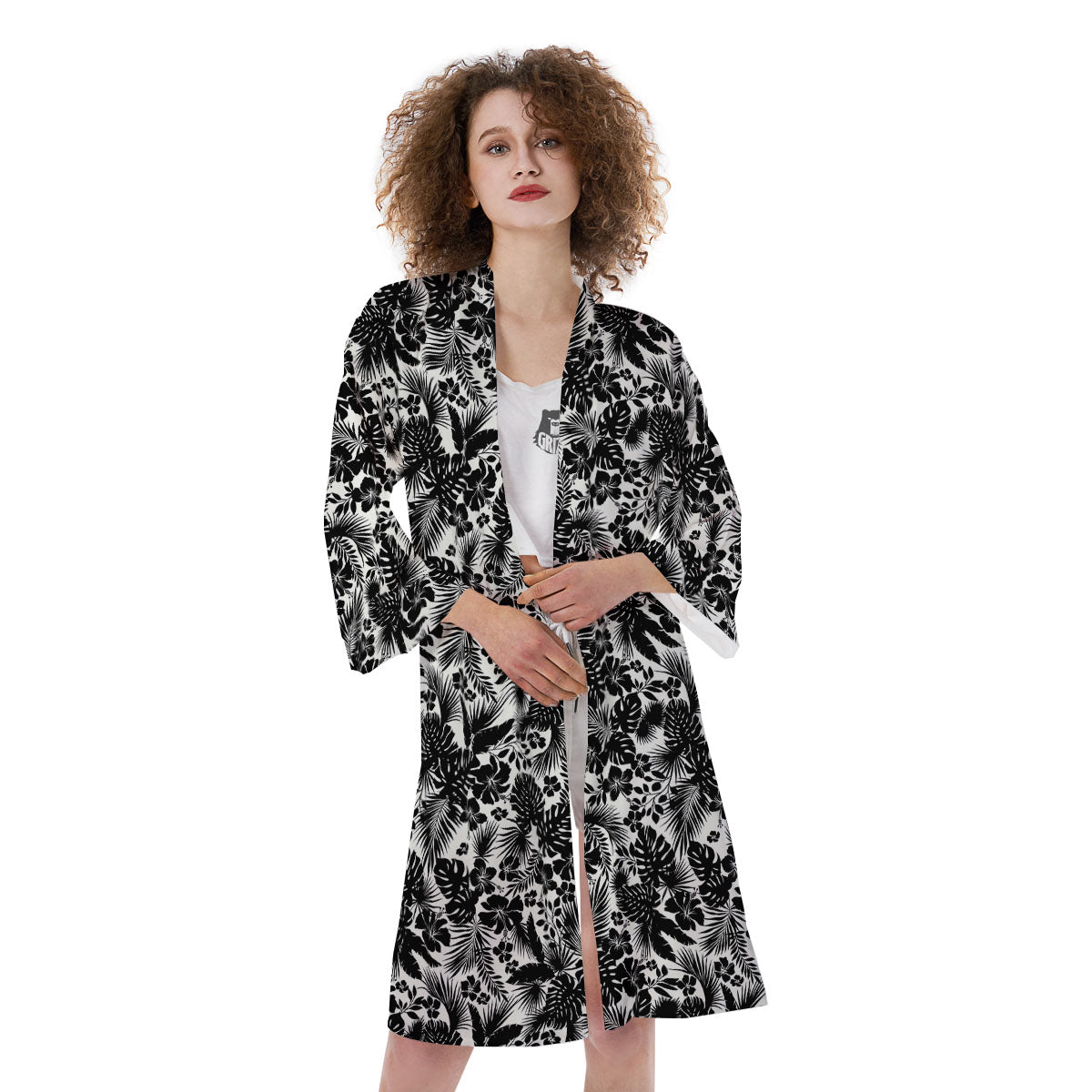 Floral Hawaiian Monochrome Print Pattern Kimono-grizzshop