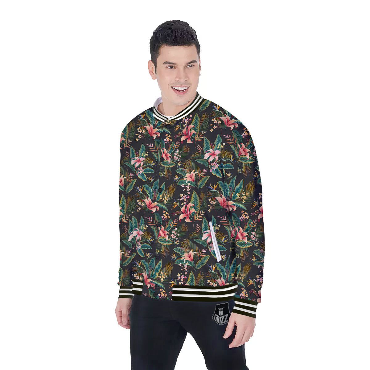 Floral Hawaiian Print Pattern Baseball Jacket-grizzshop