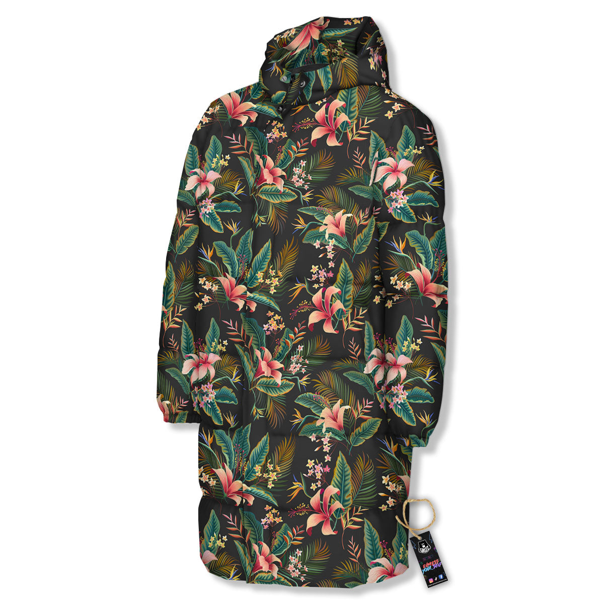 Floral Hawaiian Print Pattern Long Down Jacket-grizzshop