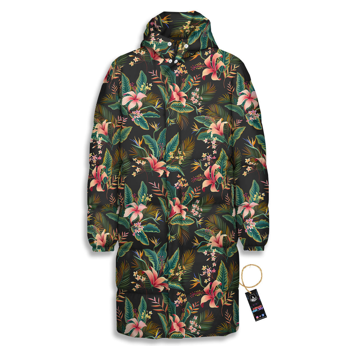 Floral Hawaiian Print Pattern Long Down Jacket-grizzshop