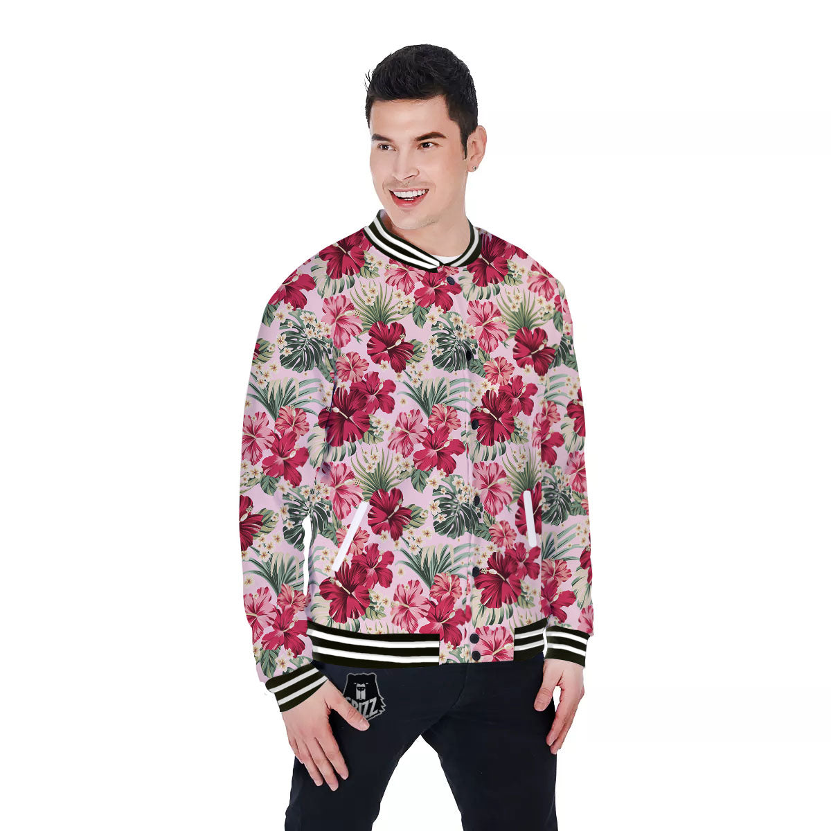 Floral Hibiscus Flower Print Pattern Baseball Jacket-grizzshop