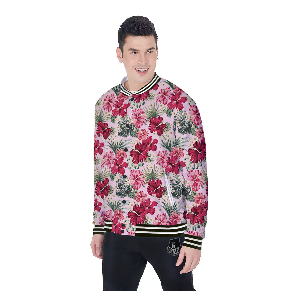Floral Hibiscus Flower Print Pattern Baseball Jacket-grizzshop