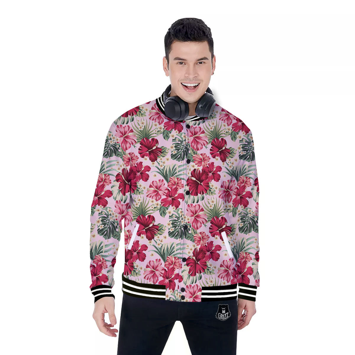 Floral Hibiscus Flower Print Pattern Baseball Jacket-grizzshop