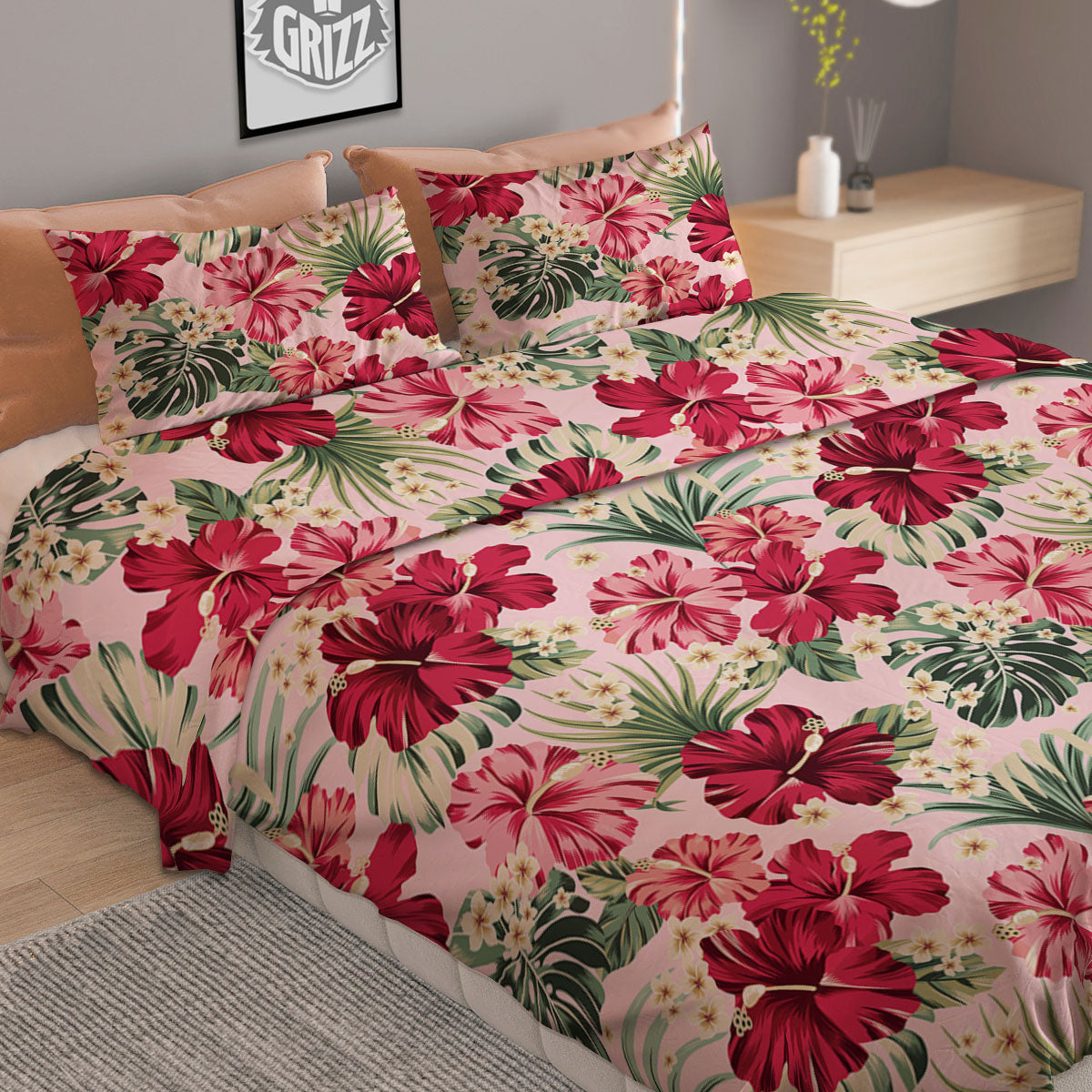 Floral Hibiscus Flower Print Pattern Duvet Cover Bedding Set
