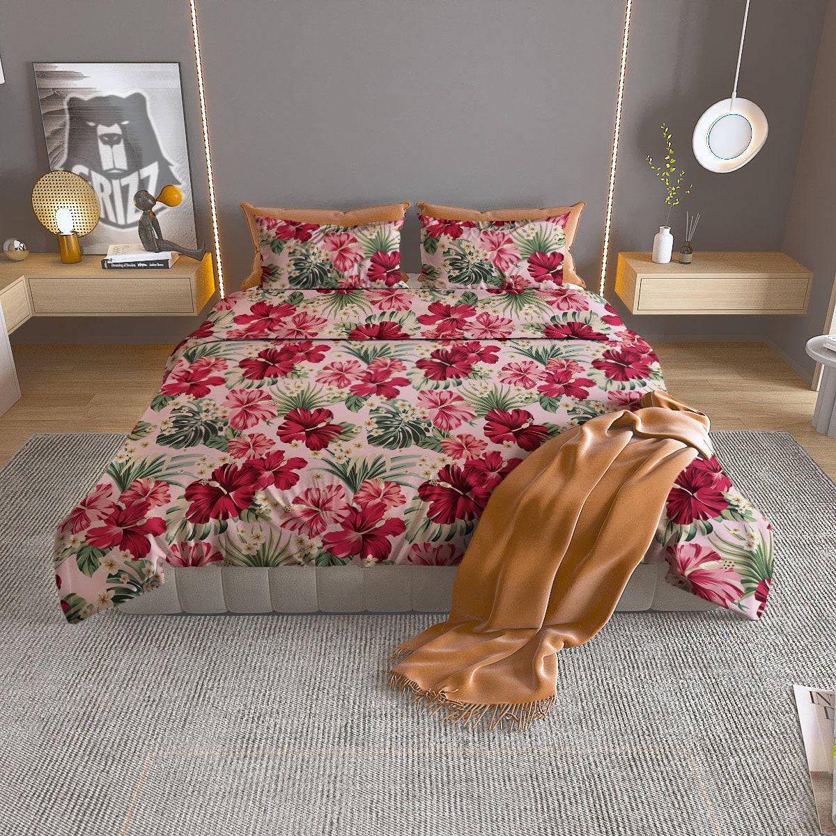 Floral Hibiscus Flower Print Pattern Duvet Cover Bedding Set