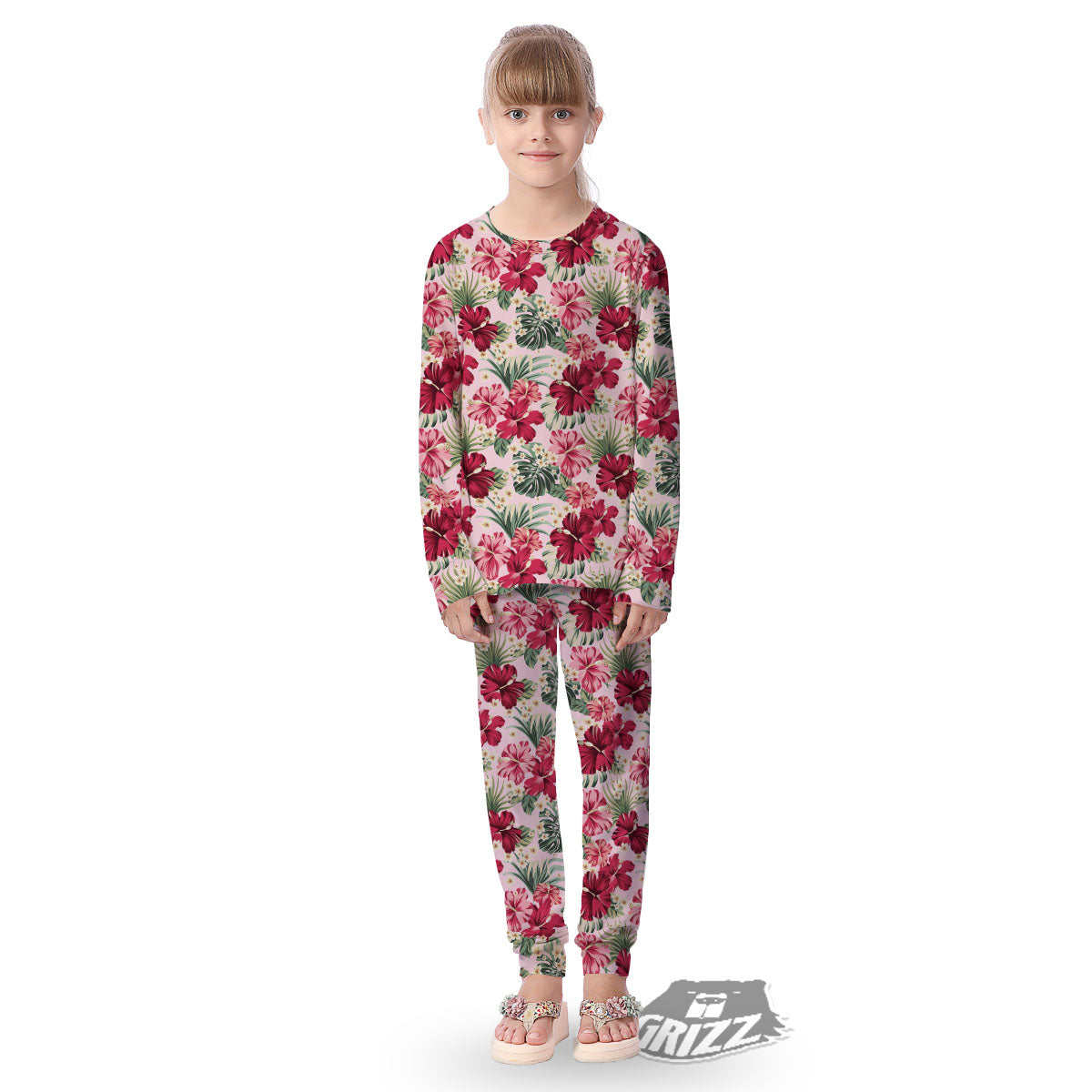 Floral Hibiscus Flower Print Pattern Kid's Pajamas-grizzshop