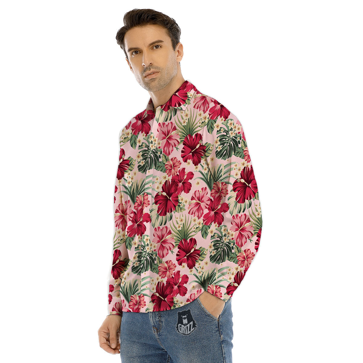 Floral Hibiscus Flower Print Pattern Men's Dress Shirts-grizzshop