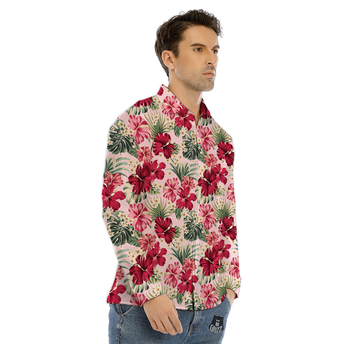 Floral Hibiscus Flower Print Pattern Men's Dress Shirts-grizzshop