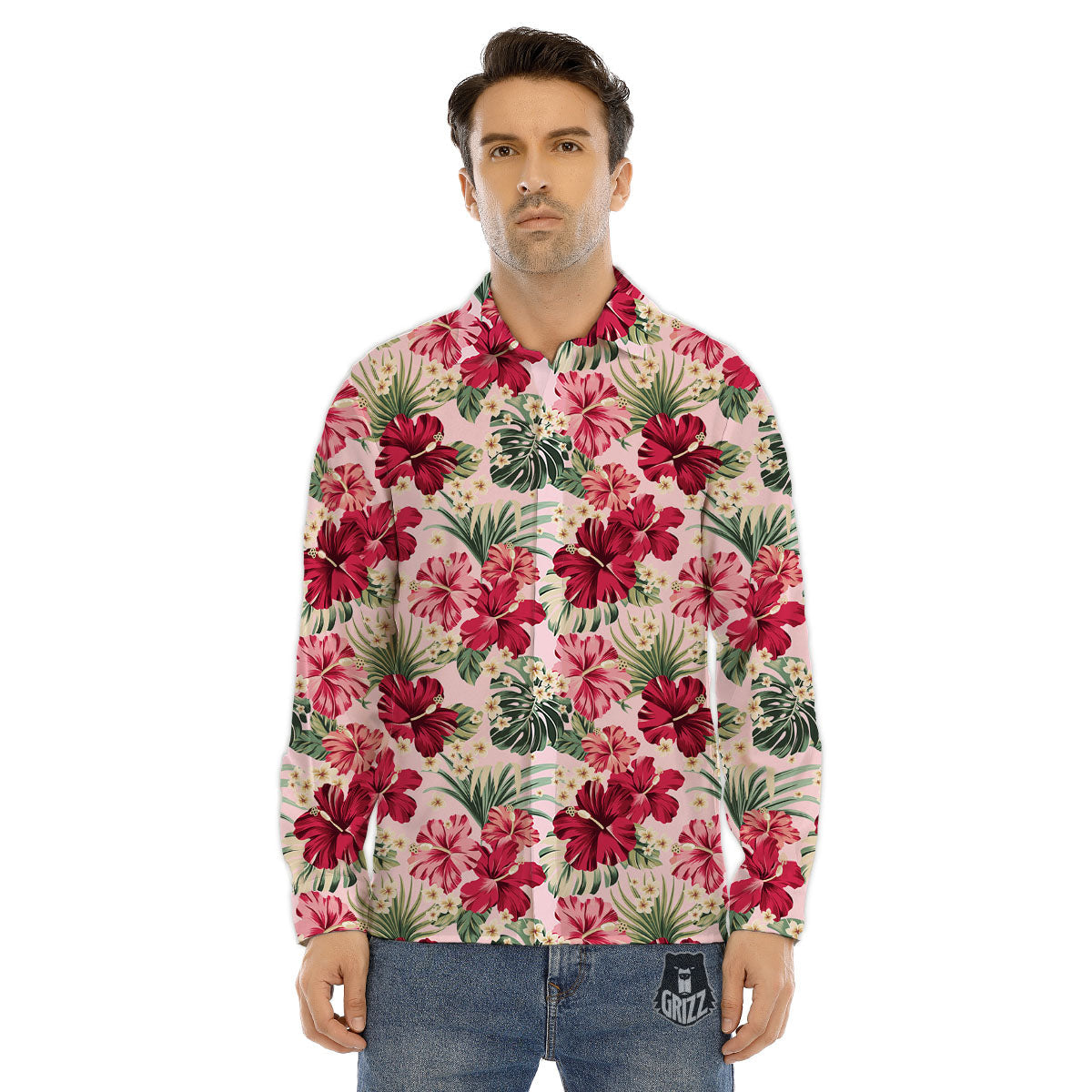 Floral Hibiscus Flower Print Pattern Men's Dress Shirts-grizzshop