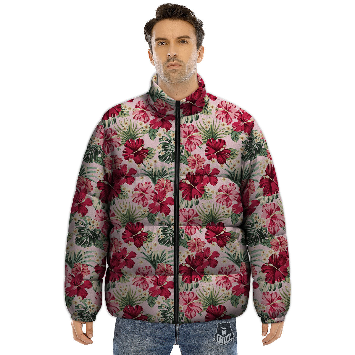 Floral Hibiscus Flower Print Pattern Puffer Jacket-grizzshop