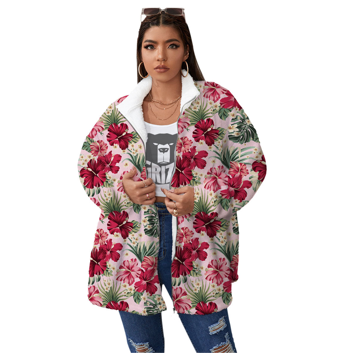 Floral Hibiscus Flower Print Pattern Women's Sherpa Jacket-grizzshop