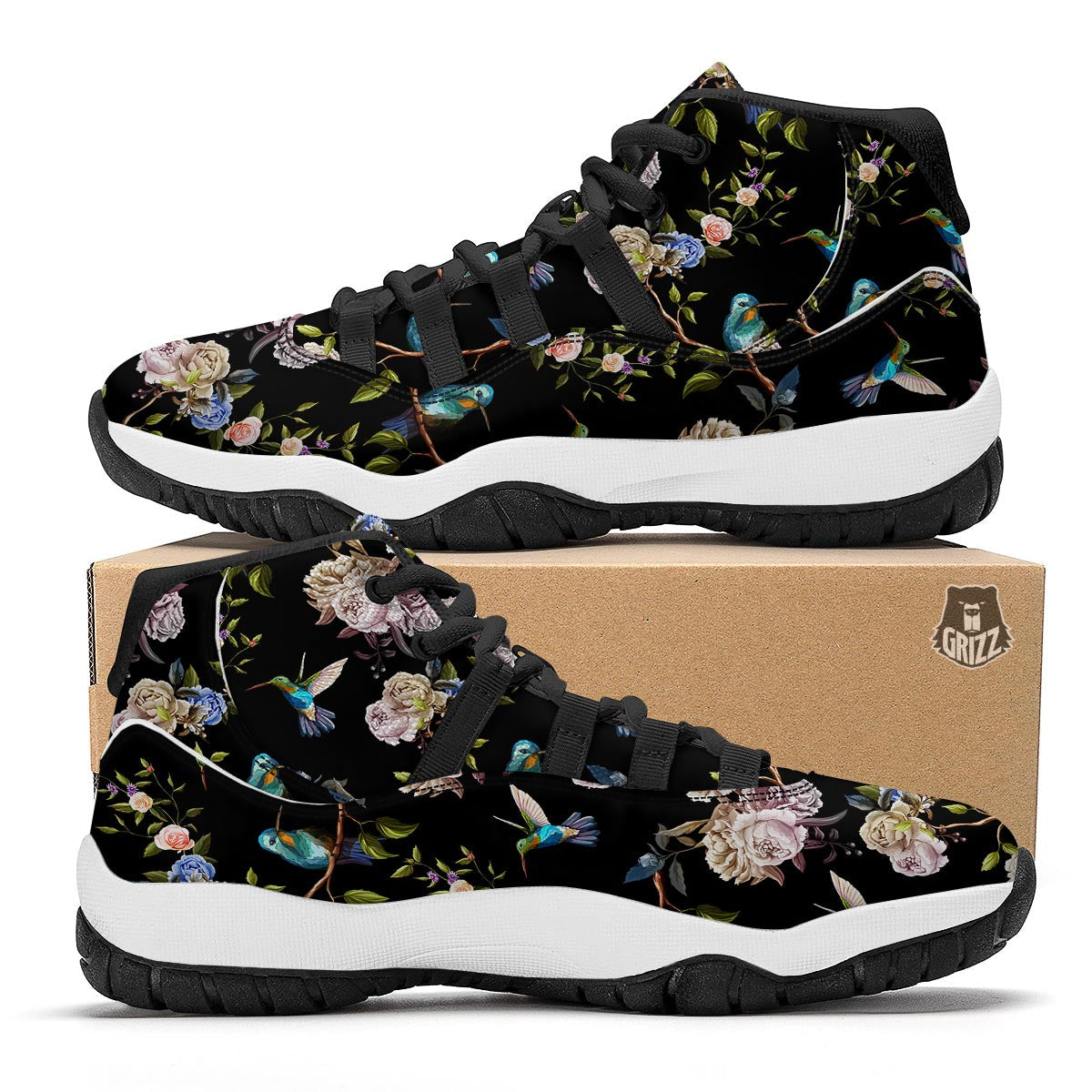 Floral Hummingbird Black Bball Shoes-grizzshop
