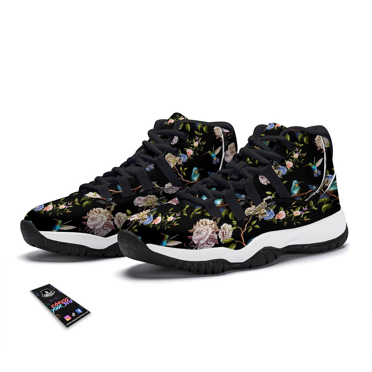 Floral Hummingbird Black Bball Shoes-grizzshop