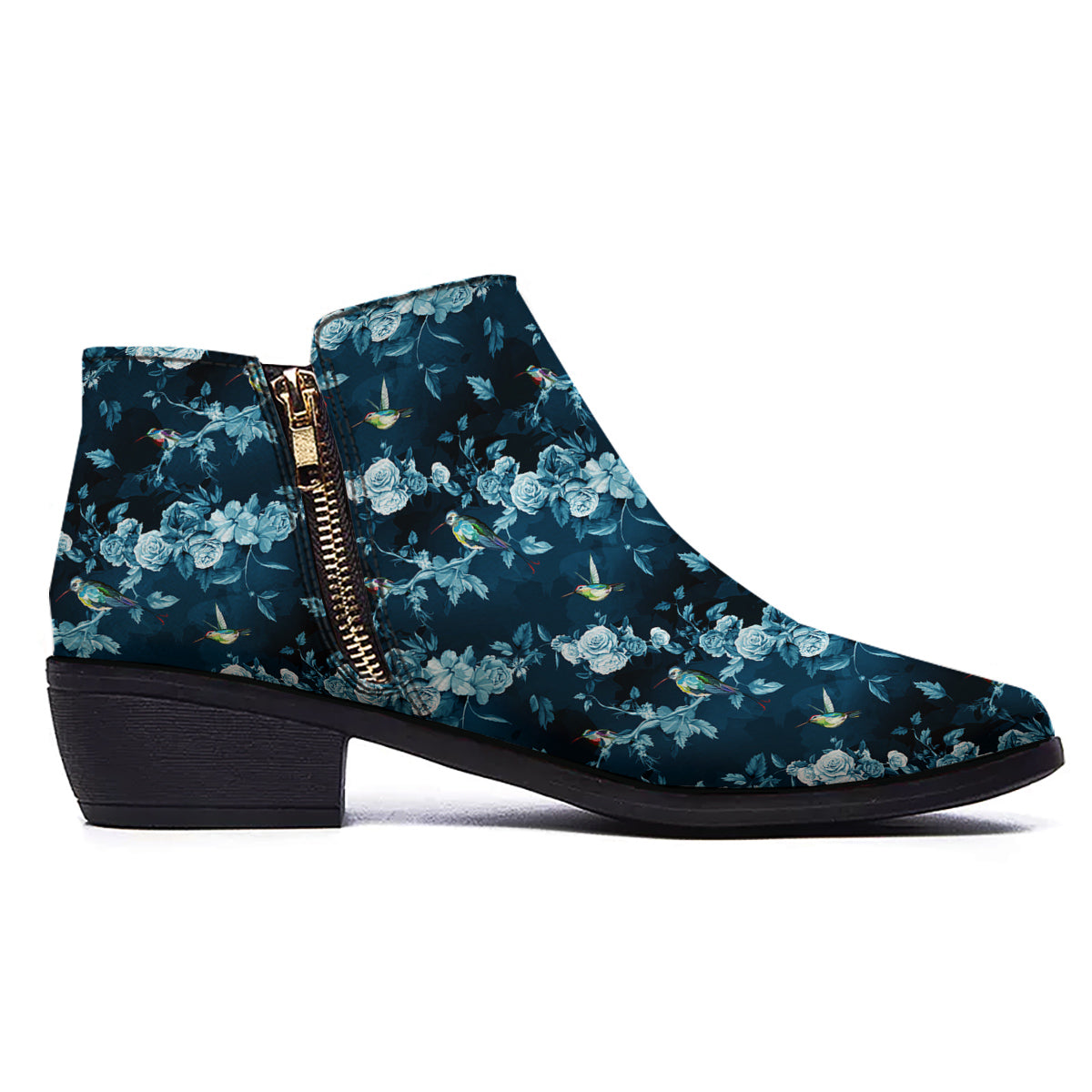 Floral Hummingbird Dark Blue Print Ankle Boots-grizzshop