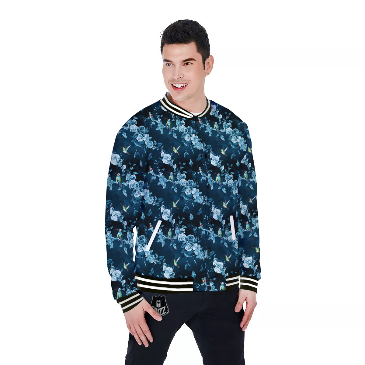 Floral Hummingbird Dark Blue Print Baseball Jacket-grizzshop