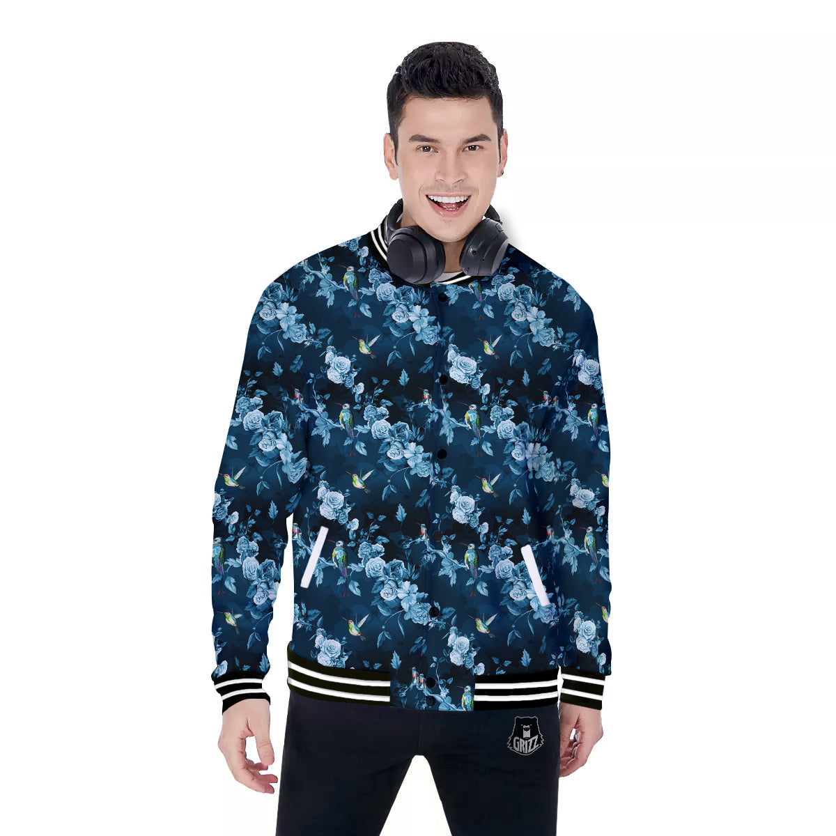 Floral Hummingbird Dark Blue Print Baseball Jacket-grizzshop