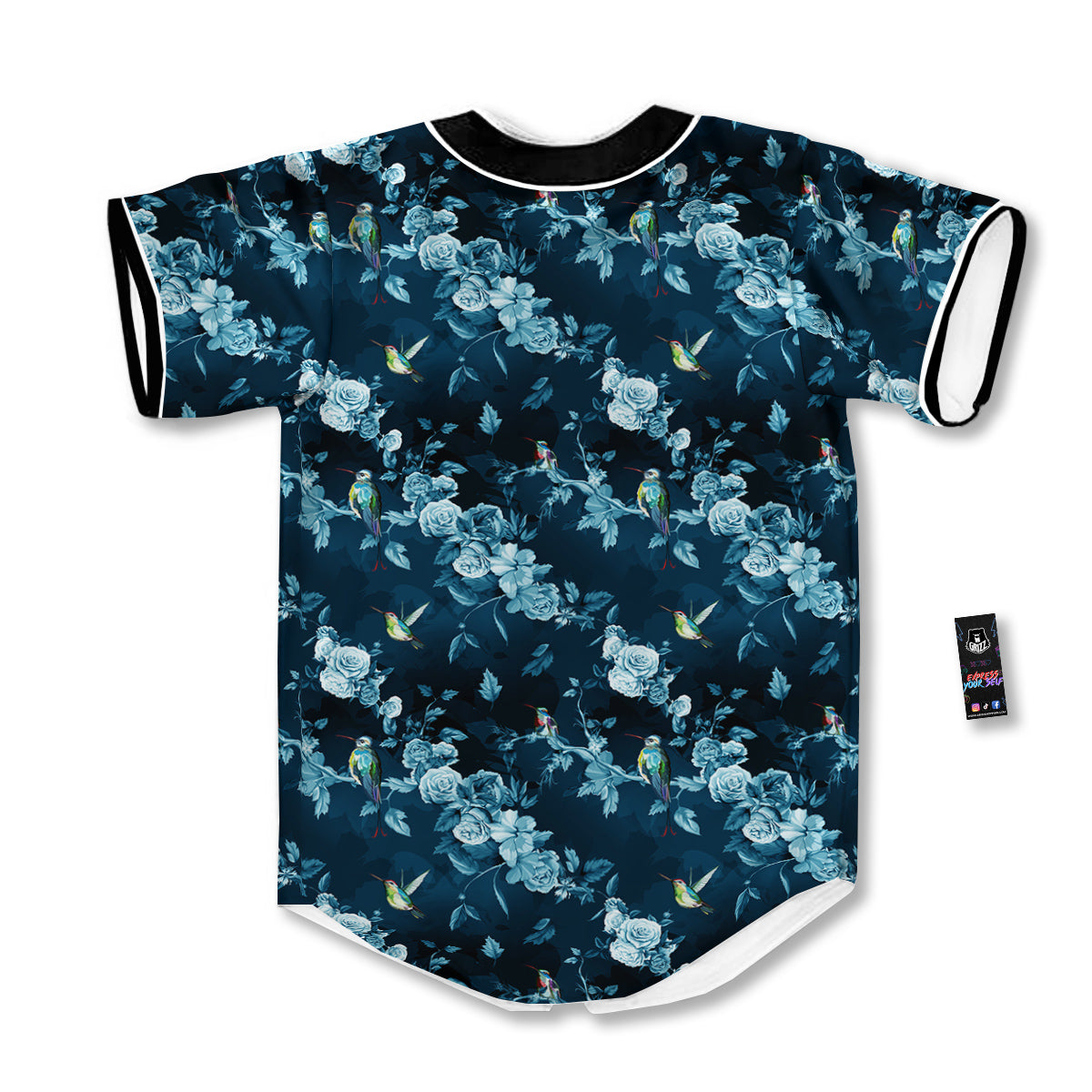 Floral Hummingbird Dark Blue Print Baseball Jersey-grizzshop