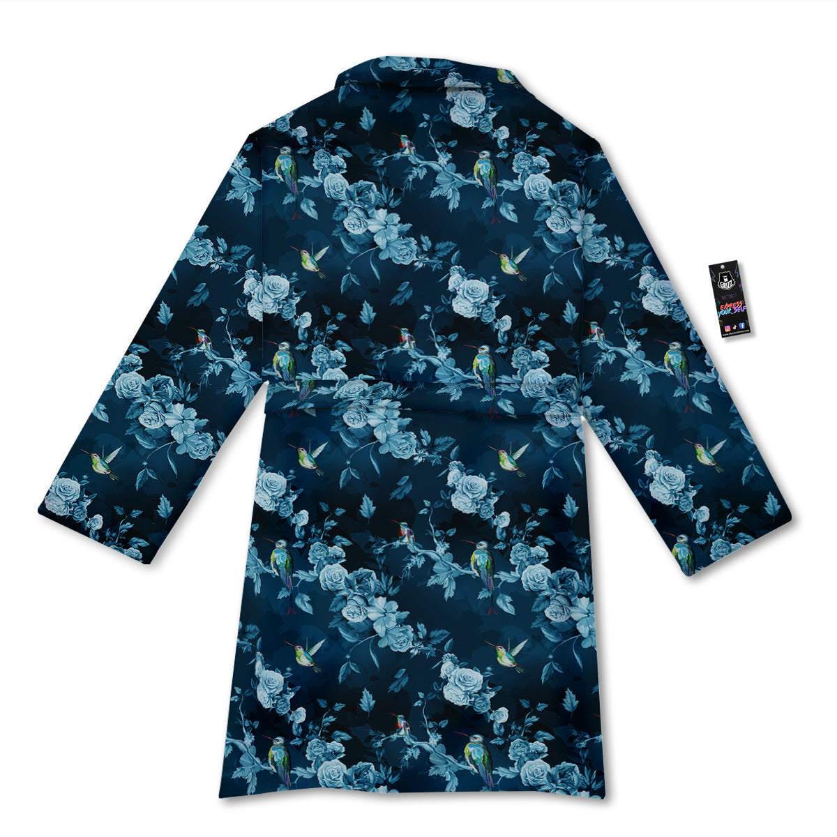 Floral Hummingbird Dark Blue Print Bathrobe-grizzshop