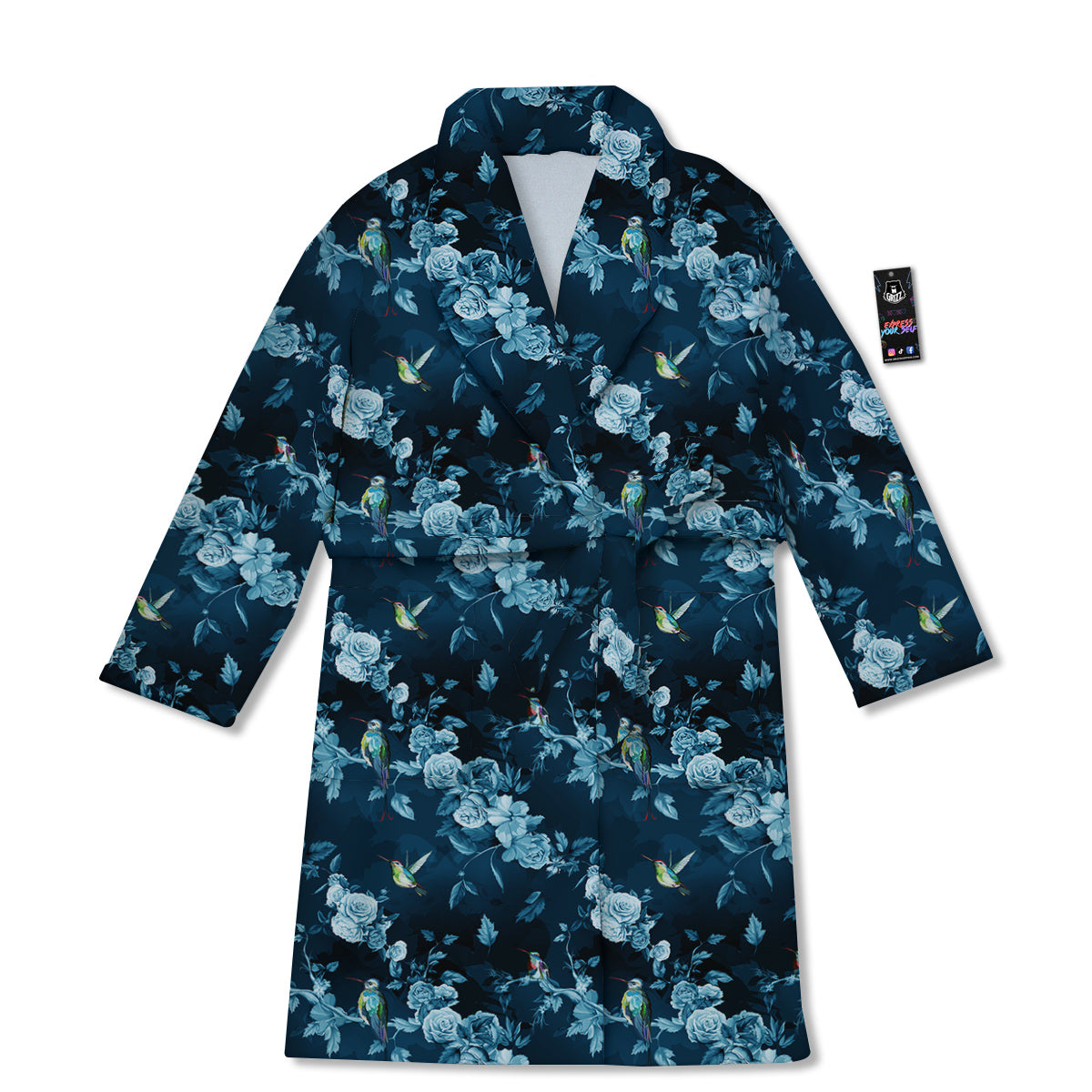 Floral Hummingbird Dark Blue Print Bathrobe-grizzshop