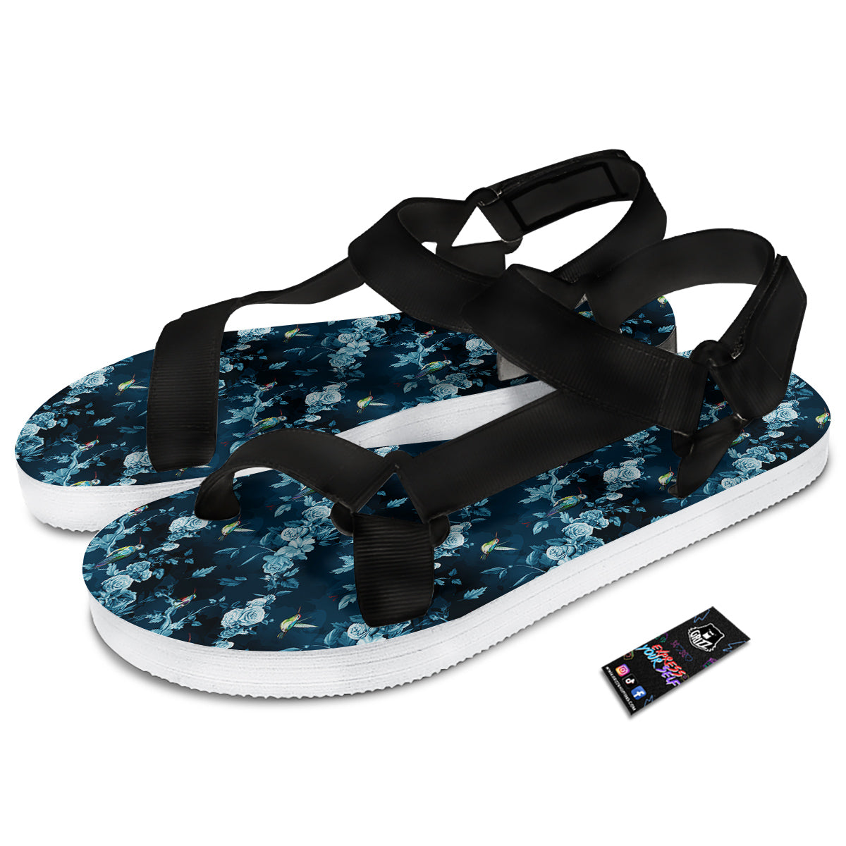 Floral Hummingbird Dark Blue Print Black Open Toe Sandals-grizzshop