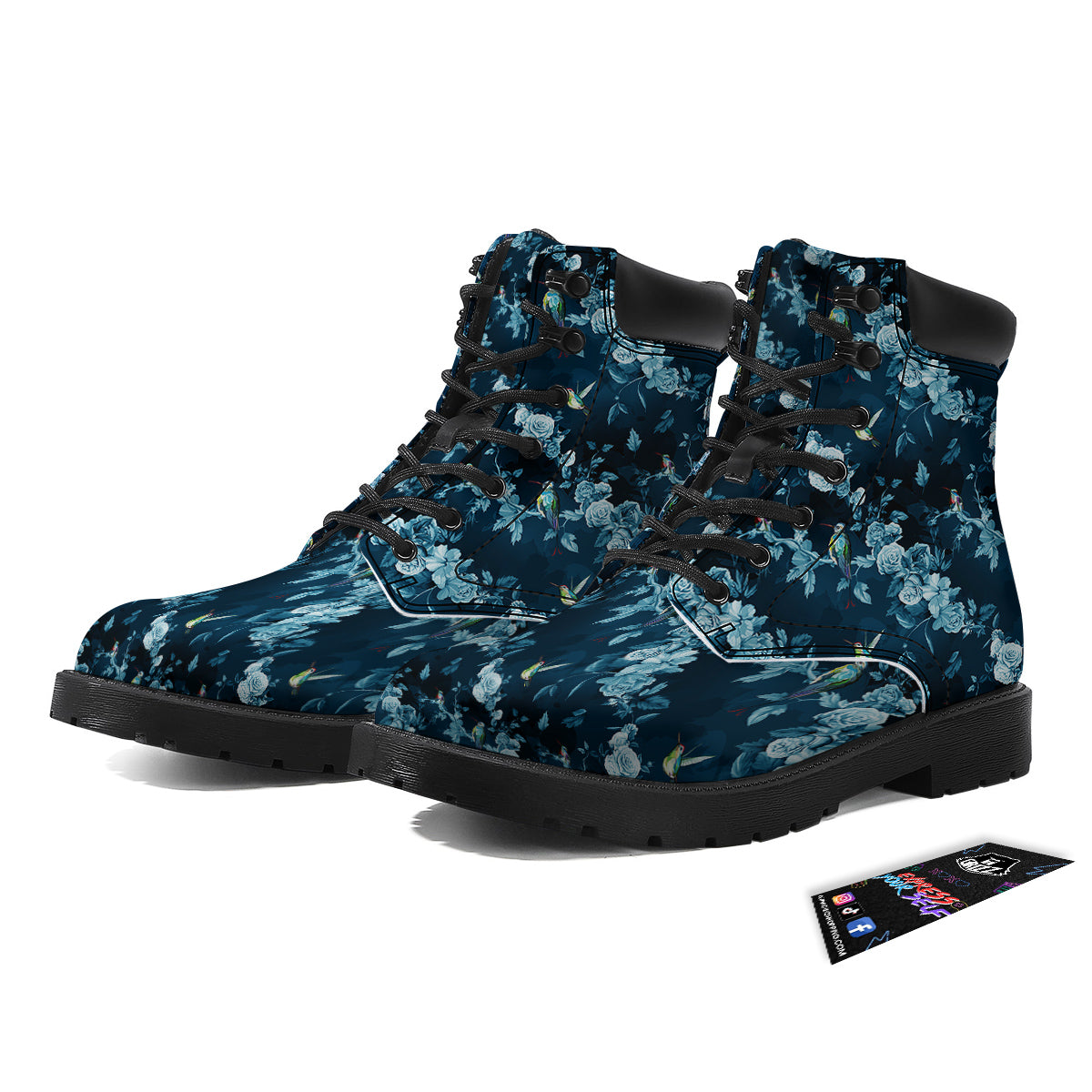 Floral Hummingbird Dark Blue Print Boots-grizzshop