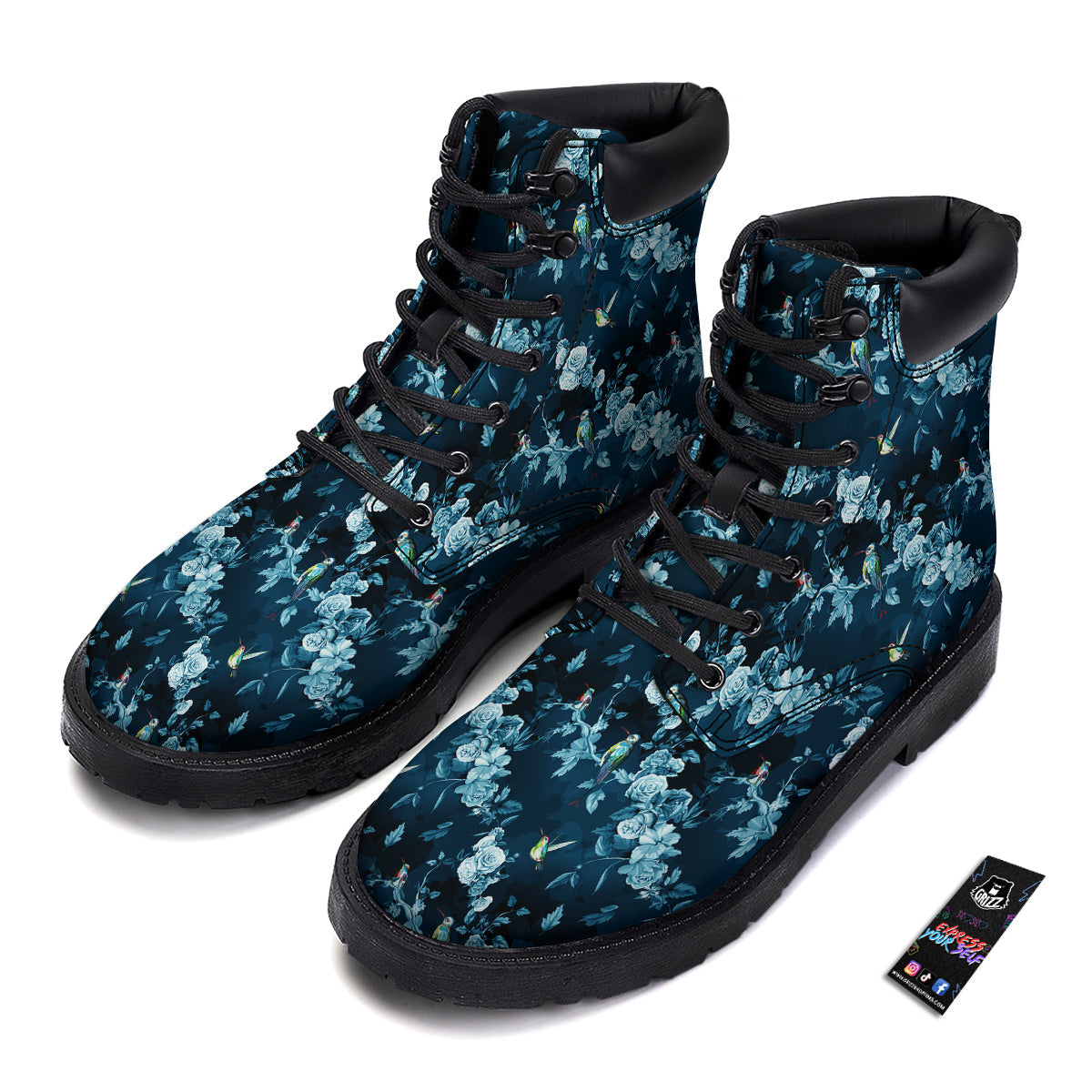 Floral Hummingbird Dark Blue Print Boots-grizzshop
