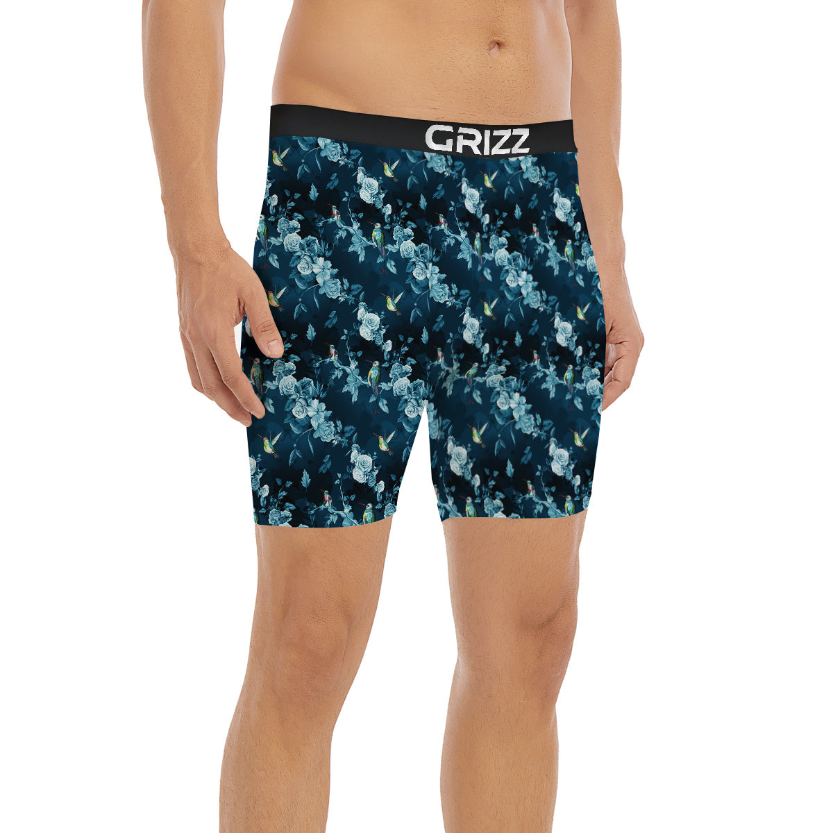 Floral Hummingbird Dark Blue Print Boxer Briefs-grizzshop