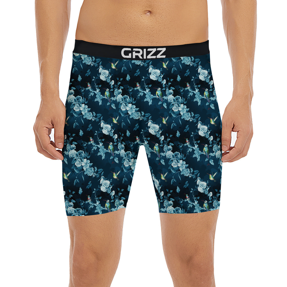 Floral Hummingbird Dark Blue Print Boxer Briefs-grizzshop