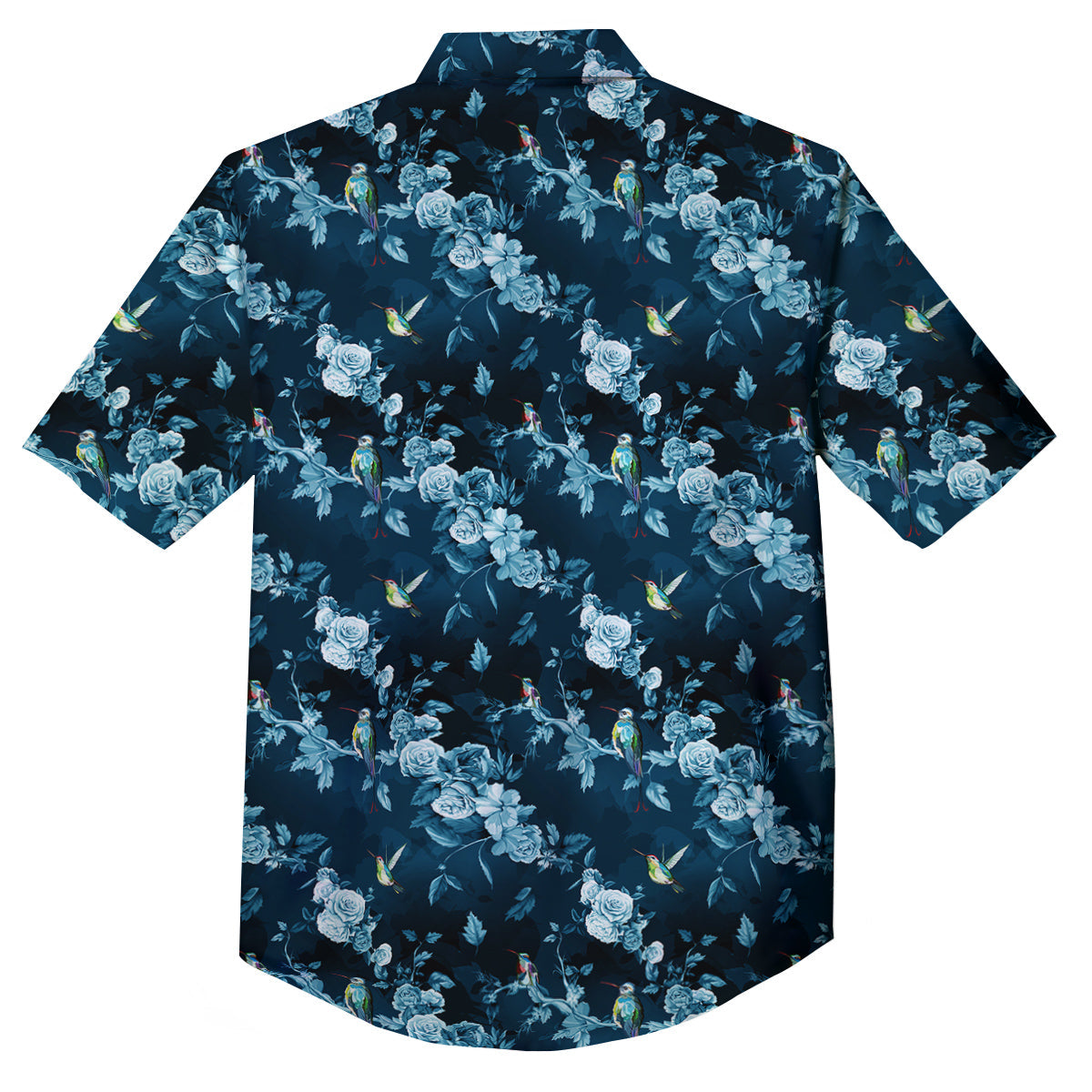 Floral Hummingbird Dark Blue Print Button Up Shirt-grizzshop