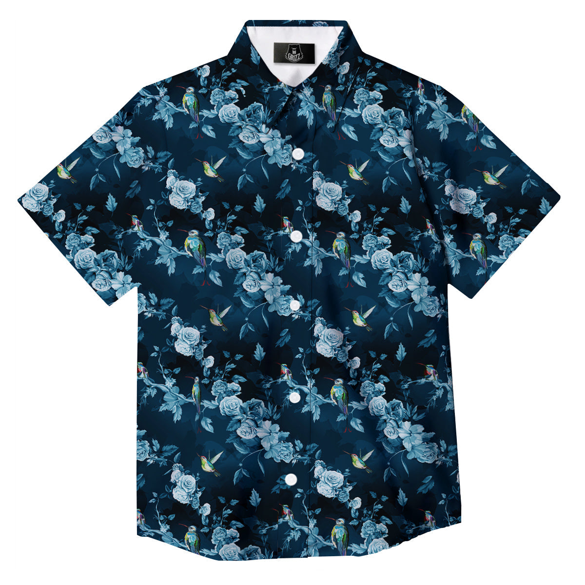 Floral Hummingbird Dark Blue Print Button Up Shirt-grizzshop