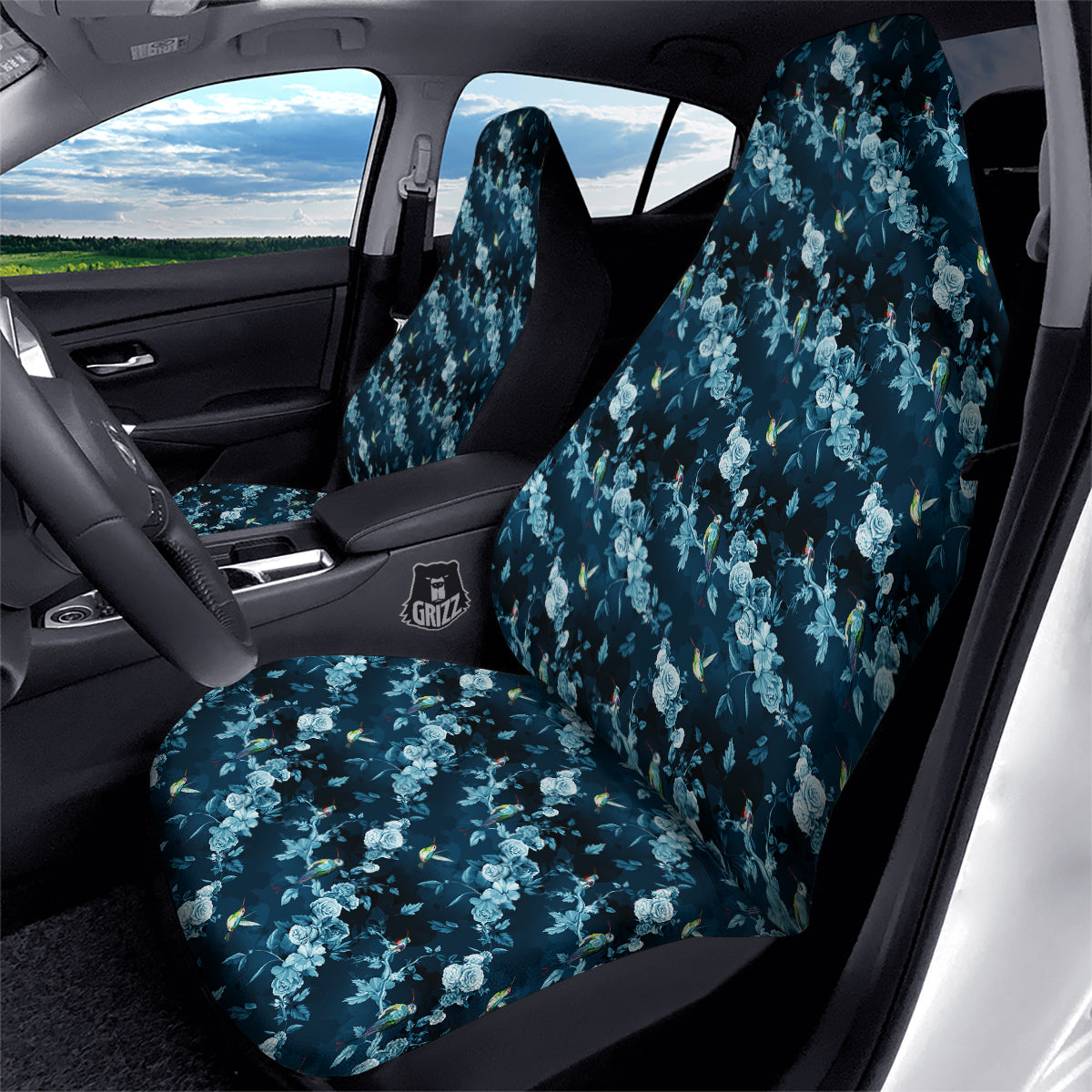 Floral Hummingbird Dark Blue Print Car Seat Covers-grizzshop