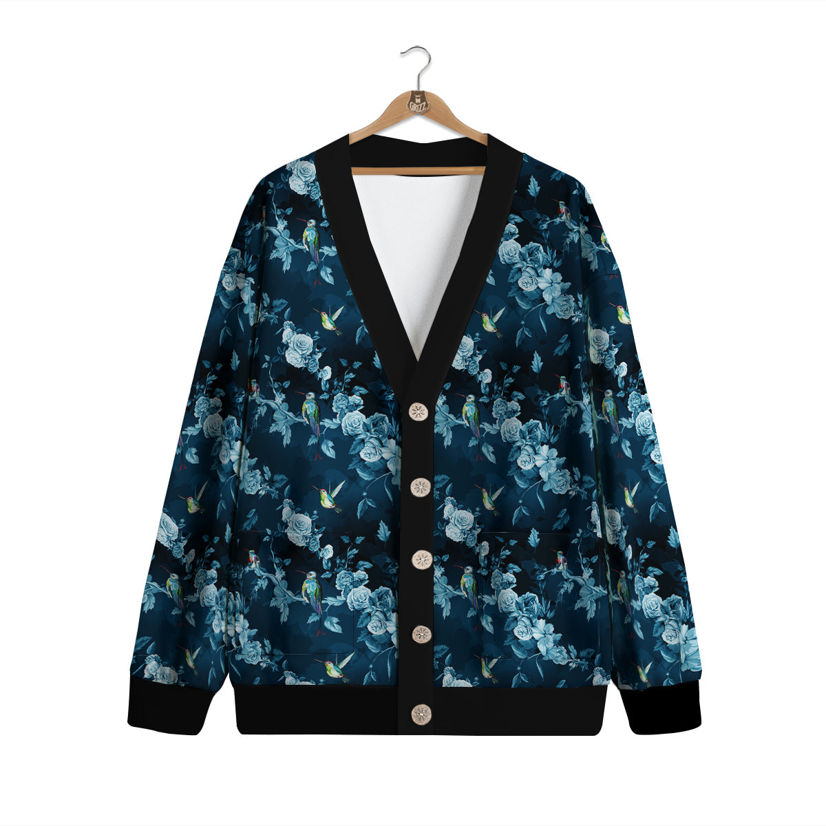 Floral Hummingbird Dark Blue Print Cardigan-grizzshop