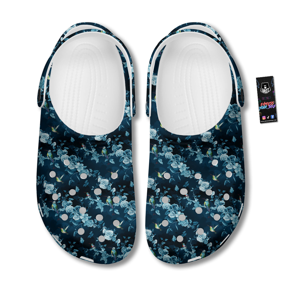 Floral Hummingbird Dark Blue Print Clog-grizzshop