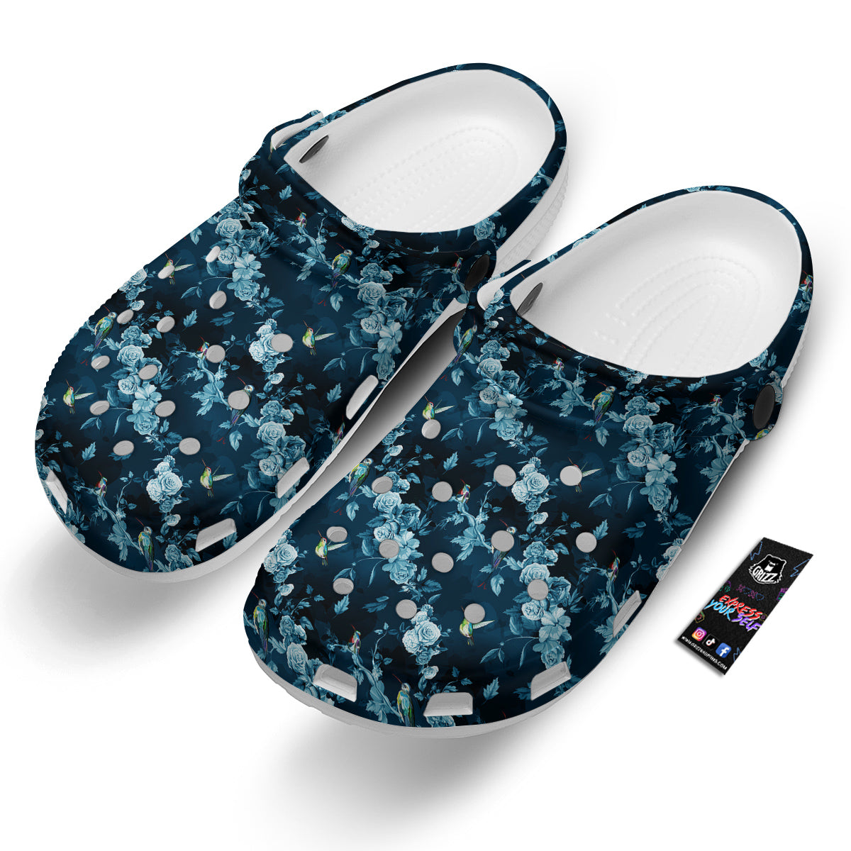 Floral Hummingbird Dark Blue Print Clog-grizzshop