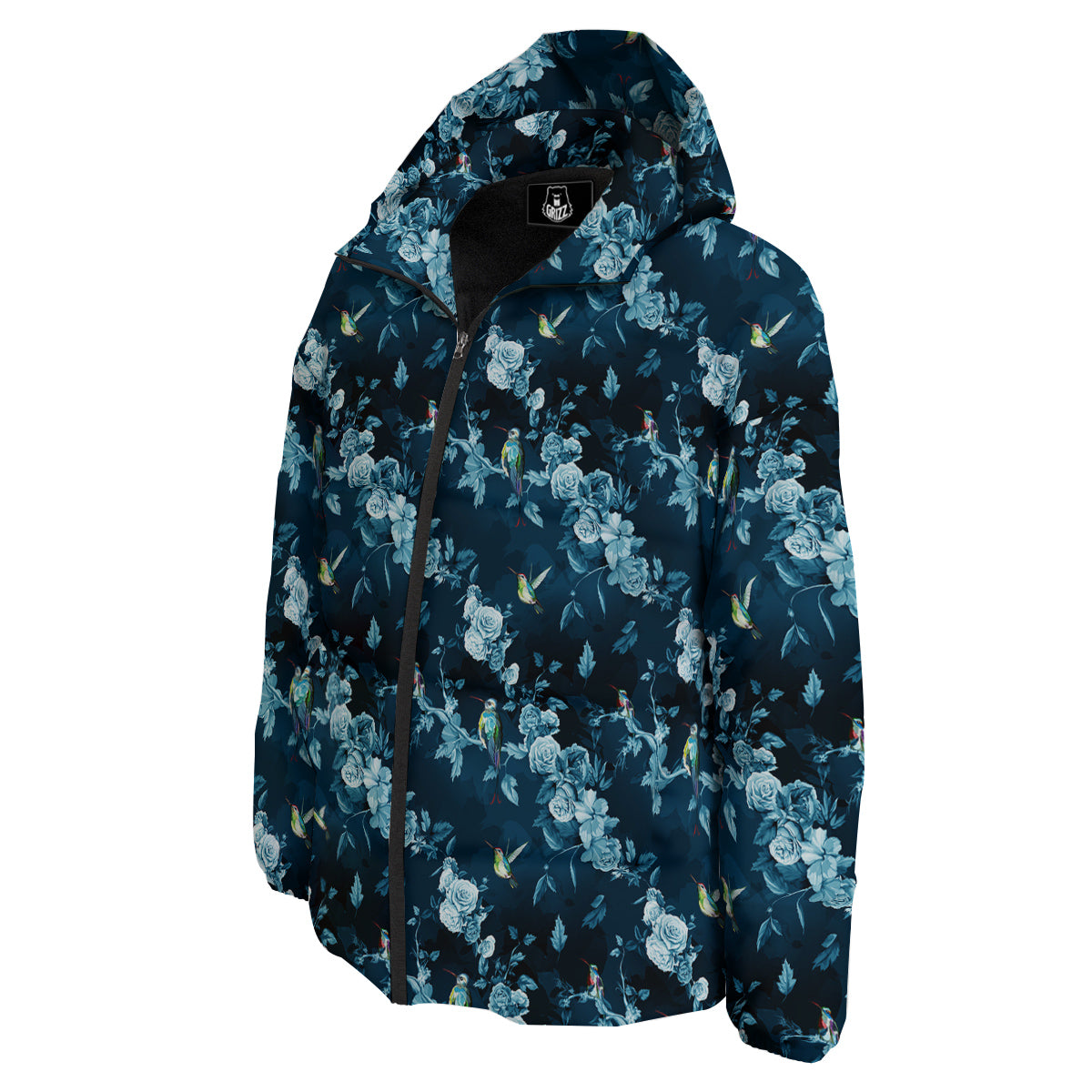 Floral Hummingbird Dark Blue Print Down Jacket-grizzshop