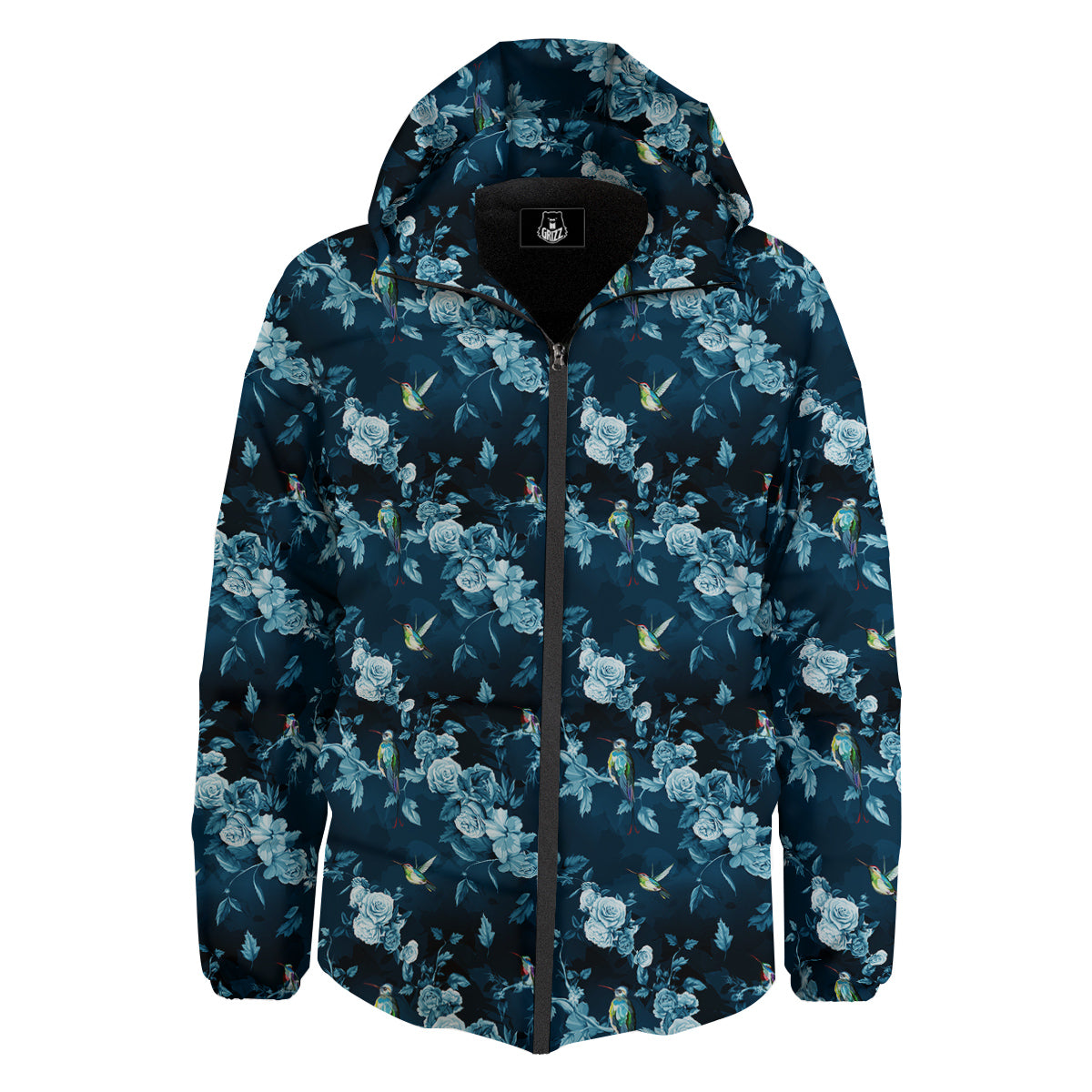 Floral Hummingbird Dark Blue Print Down Jacket-grizzshop