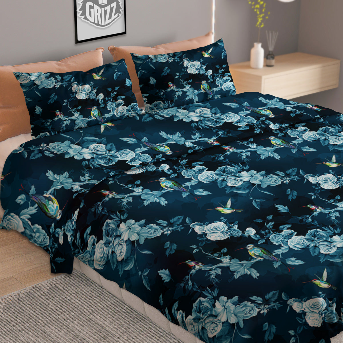 Floral Hummingbird Dark Blue Print Duvet Cover Bedding Set