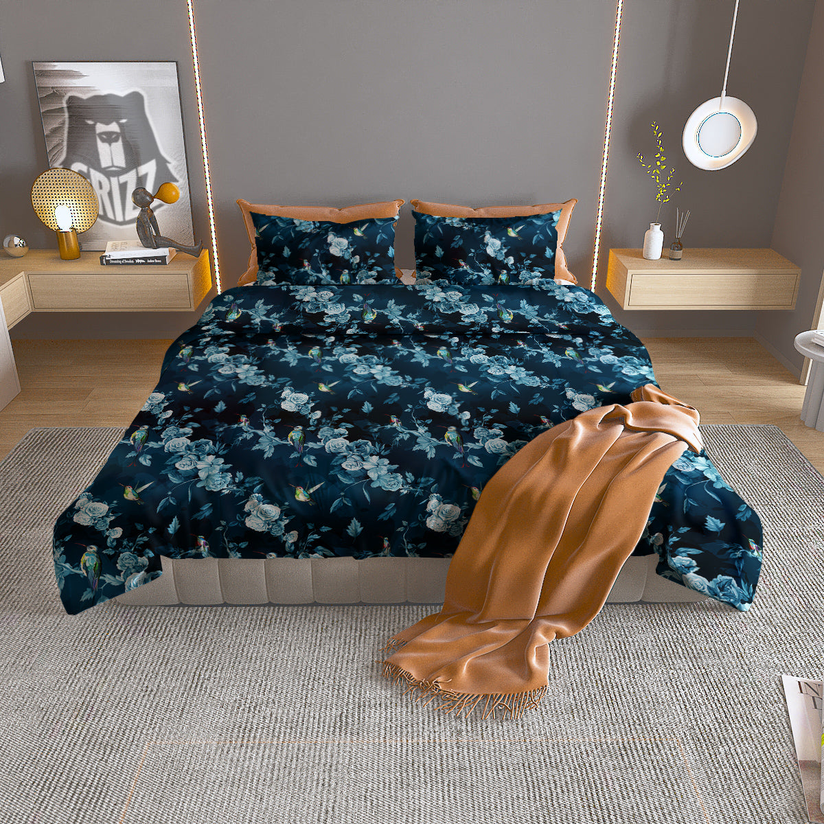 Floral Hummingbird Dark Blue Print Duvet Cover Bedding Set
