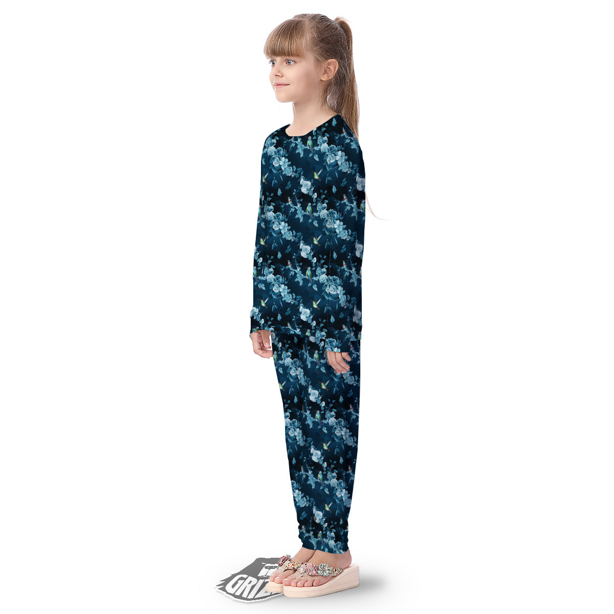 Floral Hummingbird Dark Blue Print Kid's Pajamas-grizzshop