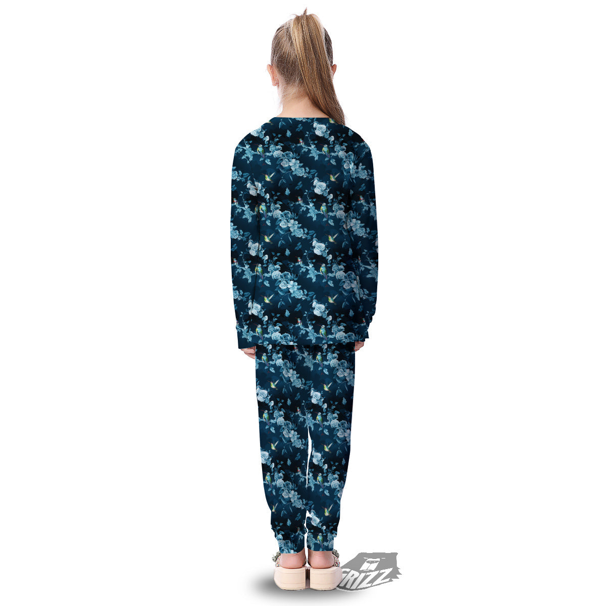 Floral Hummingbird Dark Blue Print Kid's Pajamas-grizzshop