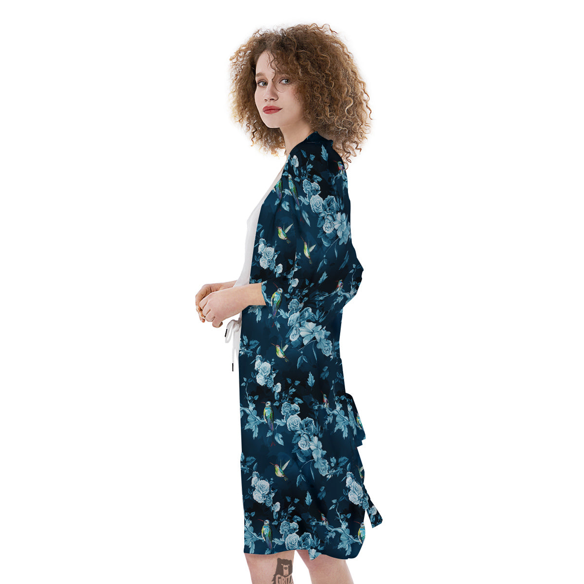Floral Hummingbird Dark Blue Print Kimono-grizzshop