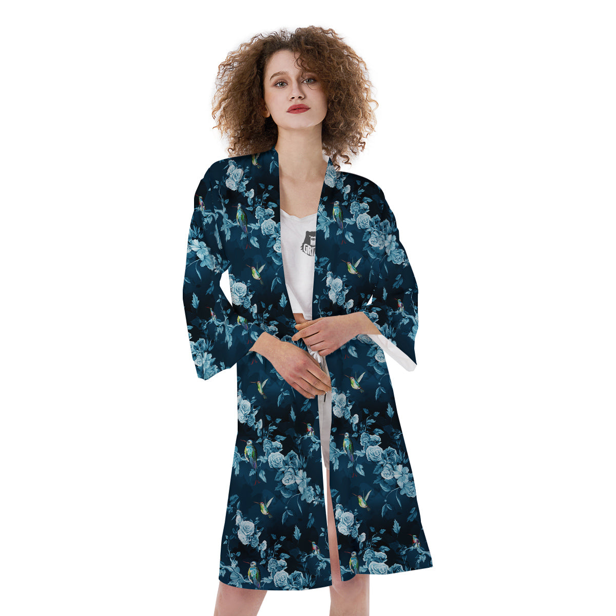 Floral Hummingbird Dark Blue Print Kimono-grizzshop