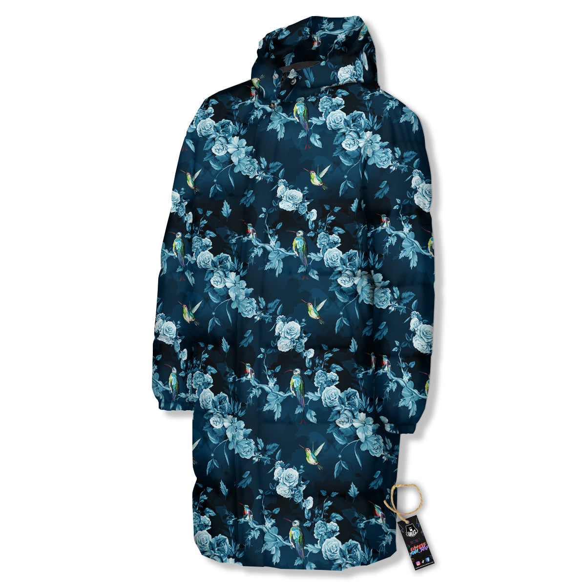 Floral Hummingbird Dark Blue Print Long Down Jacket-grizzshop