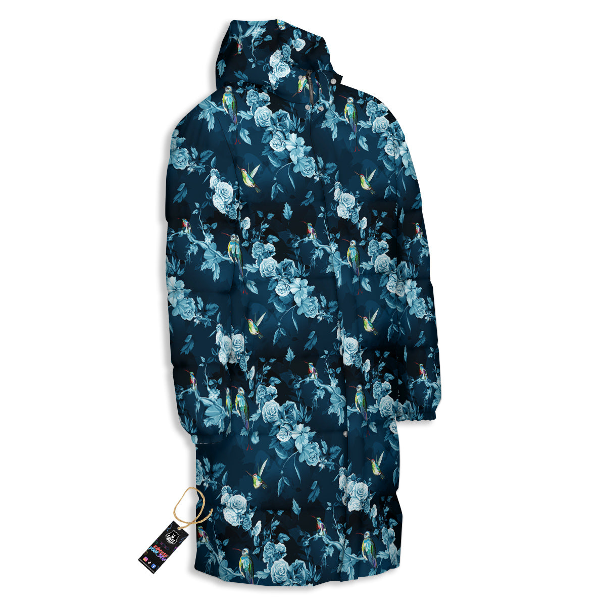 Floral Hummingbird Dark Blue Print Long Down Jacket-grizzshop