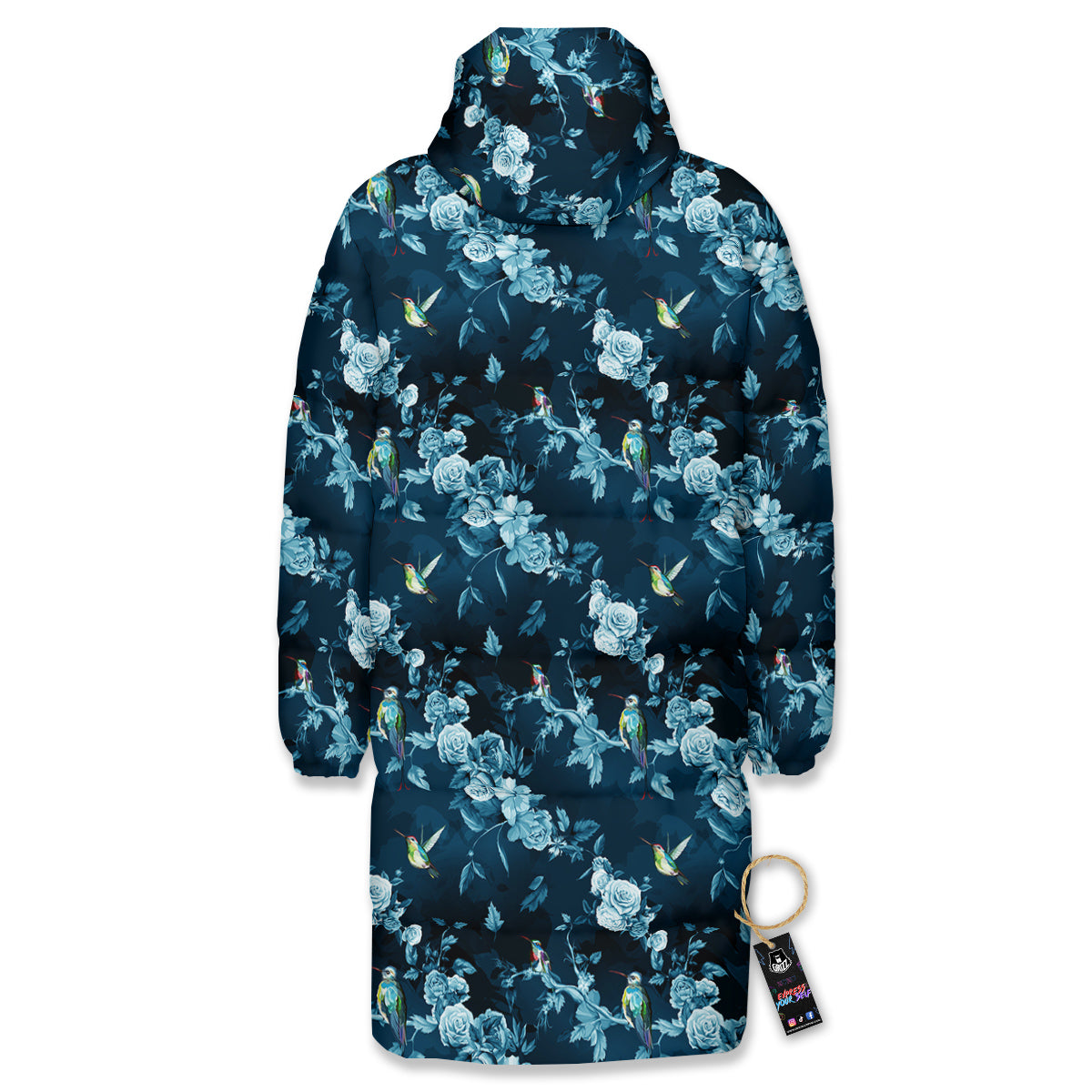 Floral Hummingbird Dark Blue Print Long Down Jacket-grizzshop
