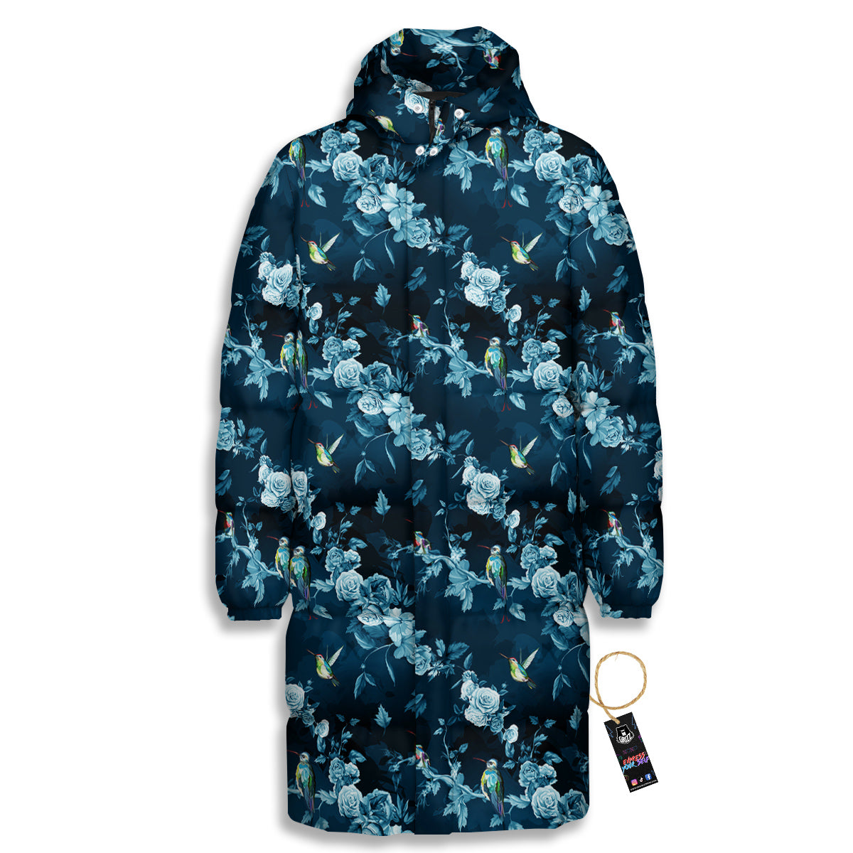 Floral Hummingbird Dark Blue Print Long Down Jacket-grizzshop