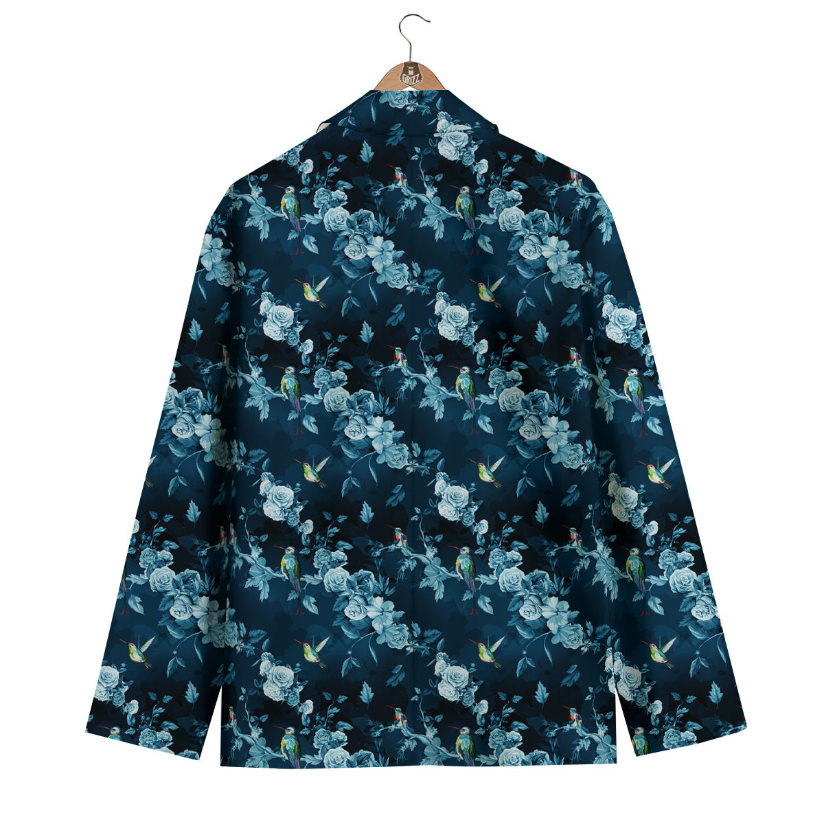 Floral Hummingbird Dark Blue Print Men's Blazer-grizzshop